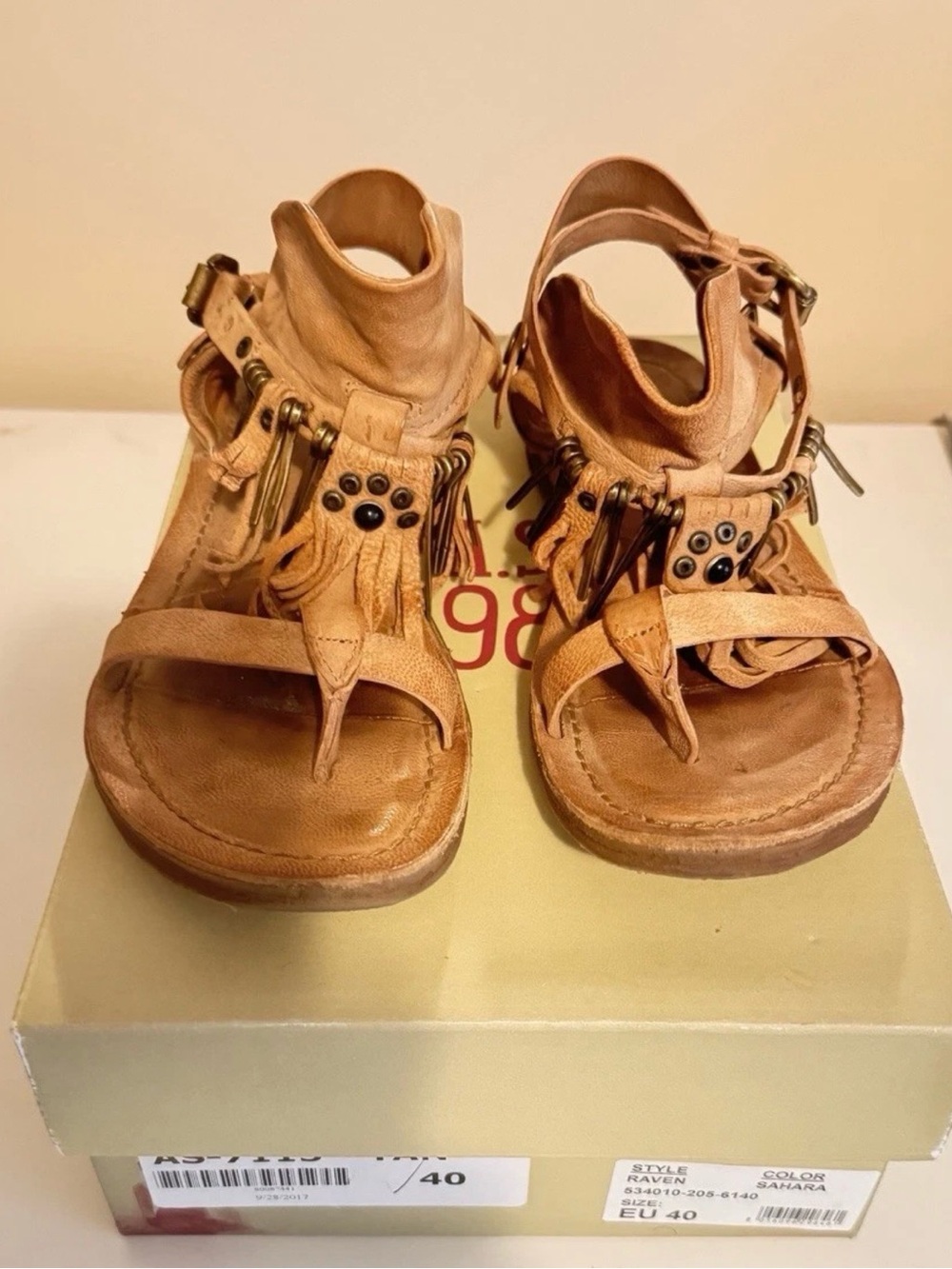 A.S.98 Tan Leather Fringe Sandals Raven Sahara